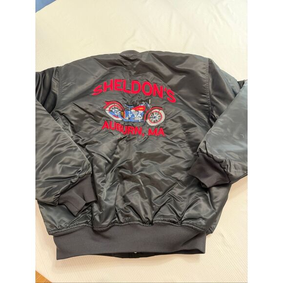 VTG 90s Sheldon’s Personalized Auburn MA Satin Motorcycle Bomber Jacket Large
